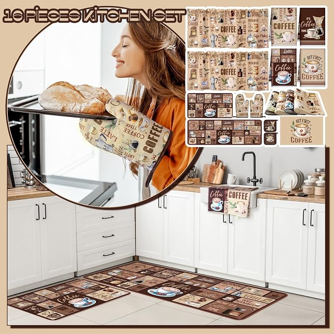 Fourluoo 16 Pcs Coffee Kitchen Decor Set Towels Dishcloths Rug Mitts Brown | Farmhouse Home Kitchen Accessories, Non Slip Rug Mat, Pot Holders Coasters Curtains, Coffee Themed Housewarming Gift