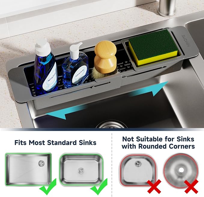 NiHome Extendable Kitchen Sink Caddy, Small Brush Sponge Storage Holder | Expandable Kitchen In Sink Organizer for Brush & Sponge w/ Drainage, Adjustable Length, Non-Slip Pads Durable ABS (Dark Gray)