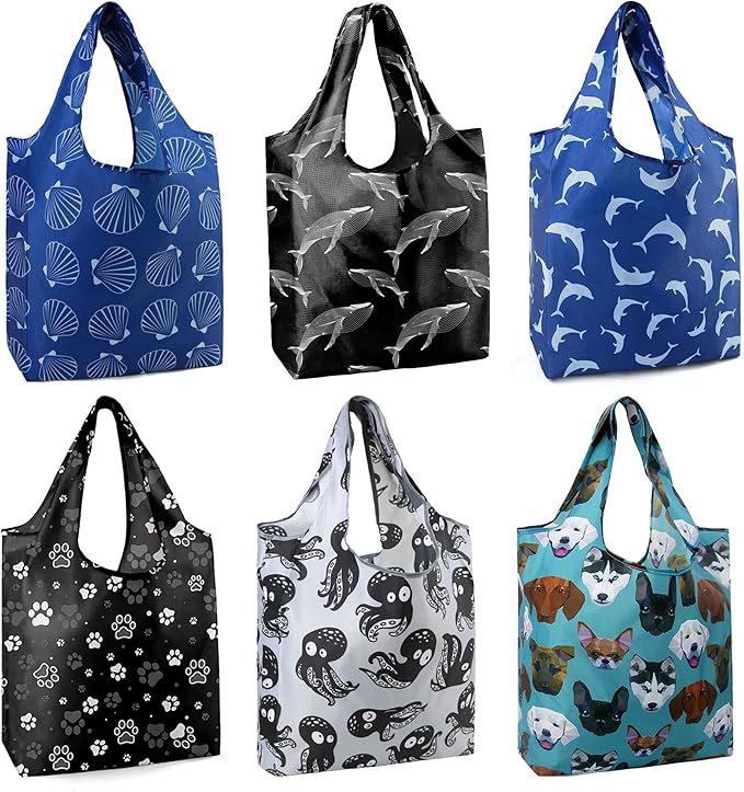 BeeGreen Animal Reusable Shopping Bags Cute Grocery Bag 6 Pack, Christmas Gift Bags Heavy-Duty Foldable Shopping Totes for Supermarket, Work & Travel, Large Washable Polyester Tote Bag with Handles