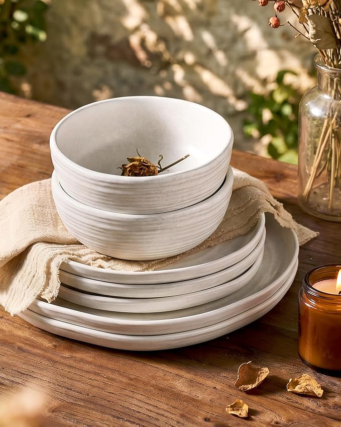 Famiware Pluto 12-Piece Stoneware Dinnerware Set, Matte Beige White | Double Reactive Glaze Plates and Bowls, Service for 4, Dishware Sets for Everyday & Formal Dining, Irregular Edge Dishes