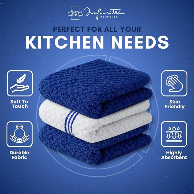 Infinitee Xclusives Kitchen Towels - 3 Pack - Cotton Dish Towel |15" x 25"| | 100% Cotton, Highly Absorbent Tea Towels - Lint Free, Soft, Durable & Quick Dry, Ideal for Drying Dishes & Kitchen Cleaning