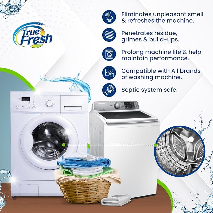 True Fresh Washing Machine Cleaner Descaler 15 Pack Tablets, Deep Cleaning Deodorizer for HE Front & Top Load Washers, Eliminates Odor Buildup Residue Grime, Cleans Drum Pump Valve Hoses Septic Safe,