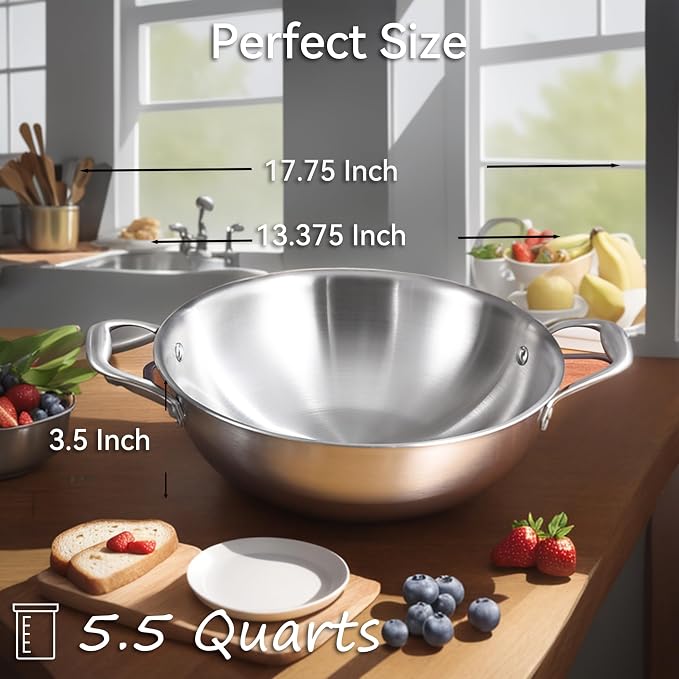 LOLYKITCH 13-Inch Stainless Steel Wok with Lid | 5.5-Quart | Dual Handles | Uncoated Tri-Ply Stir Fry Pan | Everyday Cooking Wok for Induction | Flat Bottom | PFOA-FREE | 4-5 Servings ﻿