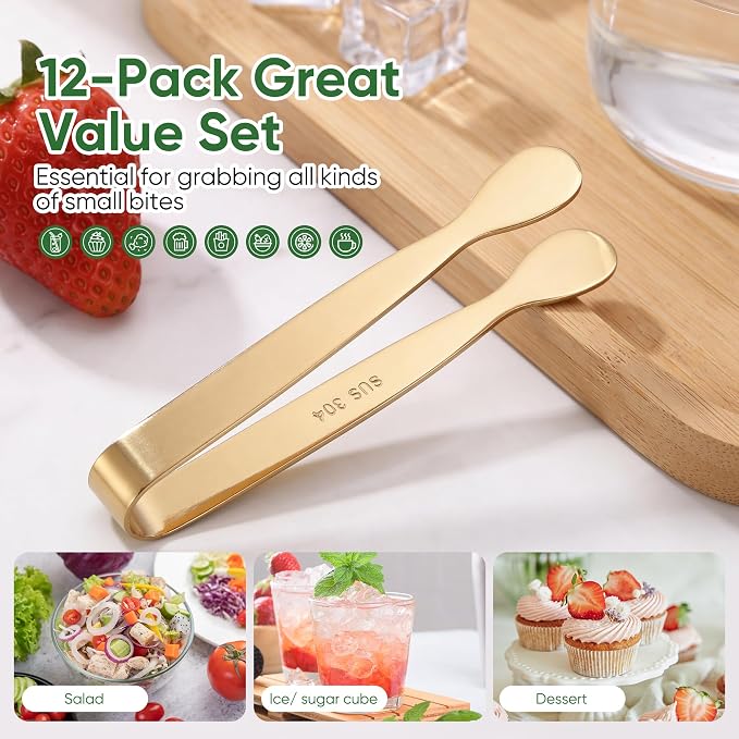 12 Pcs Gold Serving Tongs, Stainless Steel Ice Tongs Mini Sugar Tongs for Kitchen Appetizers, Party. Ting Tongs for Serving Food, Ice, Sugar Cube, Salad, Desserts