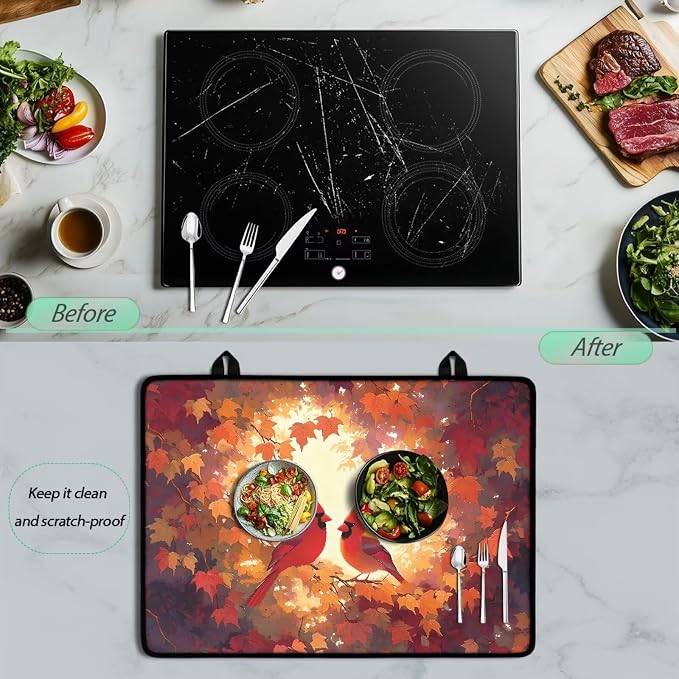 Fall Cardinal Maple Stove Top Covers for Electric Stove, Anti-Slip Dish Drying Mats for Kitchen, Heat Resistant Silicone Insulation Mat for Glass Top Burner, Thanksgiving Decor