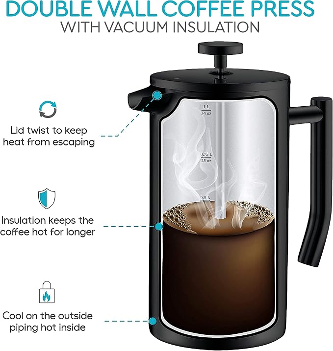 Large French Press Coffee Maker 50oz, 304-Grade Stainless Steel, Insulated | Double-Wall Coffee Press Keeps Hot, 4-Level Filter Blocks Grounds, Rust-Proof, 2 Extra Filters, Cold Brew, Matte Black (1.5L)