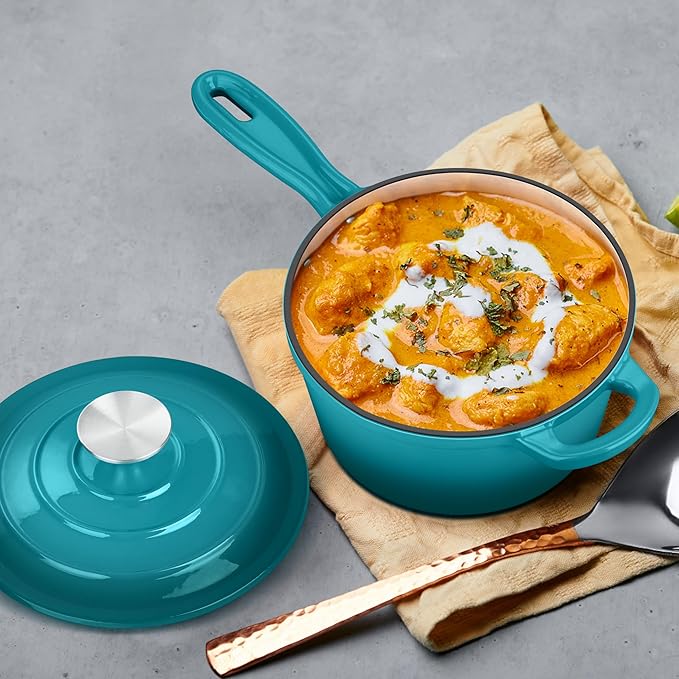 2 Quart Saucepan with Lid, Leonyo Enameled Cast Iron Sauce Pan, Cast Iron Pot and Pan Dutch Oven Induction Cookware for All Cooktops Cooking Soup, Milk, Paste- Up to 500°F & 6.7Lbs, Lake Green