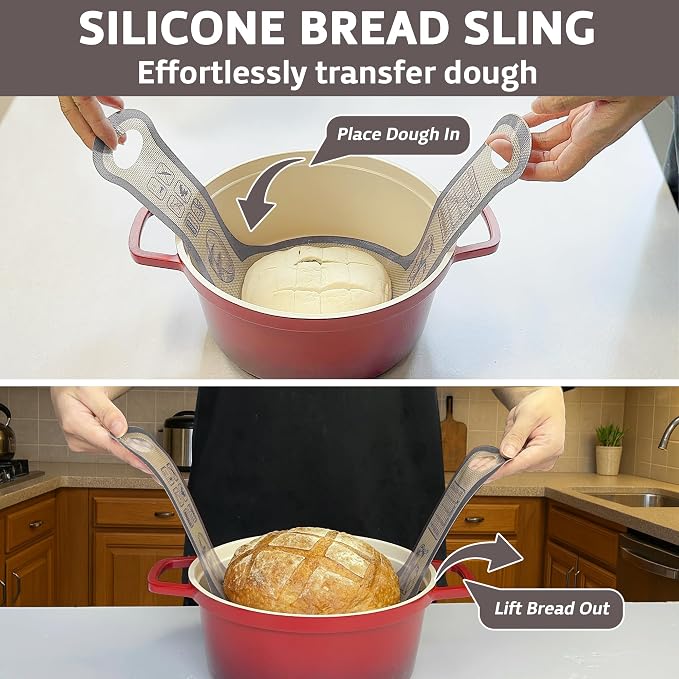 Silicone Bread Sling for Dutch Oven, 2 PCS Non-Stick Reusable Bread Baking Mats with Long Handles, Seamless Design Easy to Transfer Sourdough Sling Silicone Sourdough Sling Dough (Round Gray/Oval Red)