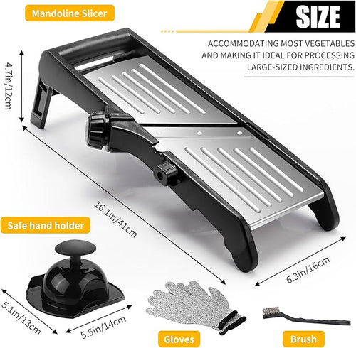 -BINGBING- Mandoline Slicer for Kitchen, 7-in-1 Adjustable Vegetable Slicer | Stainless Steel Food slicer, Adjustable Blade, Slices, Julienne, Waffle and French Fries Cut, Includes Gloves and Brush