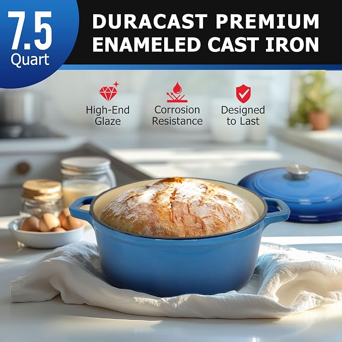 MUELLER HOME 7.5 QT Enameled Cast Iron Dutch Oven, Heavy-Duty Casserole Dish and Braiser Pan with Lid and Stainless Knob, Oven-Safe up to 500° F & Across All Cooktops, Aqua Blue | Heavy-Duty Casserole Dish and Braiser Pan, Lid with Stainless Knob, Oven...
