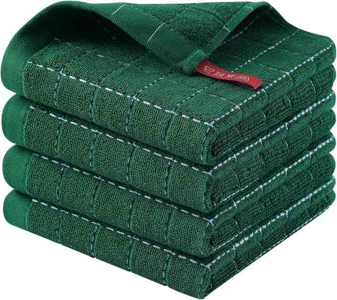 Homaxy 100% Cotton Terry Kitchen Dish Cloths, 4 Pack, Dark Green | Ultra Soft and Absorbent Dish Towels for Kitchen, Suitable for Drying and Washing Dishes