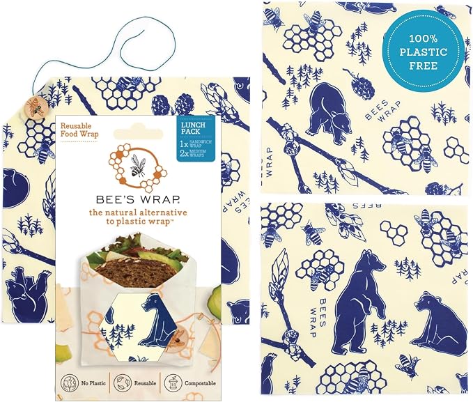 Bee's Wrap Beeswax Wraps for Food - 3 Pack of Assorted Beeswax Wraps - 2 Medium & Sandwich Wrap - Plastic Free Made in USA Reusable Natural Food Wrap - Bees & Bears