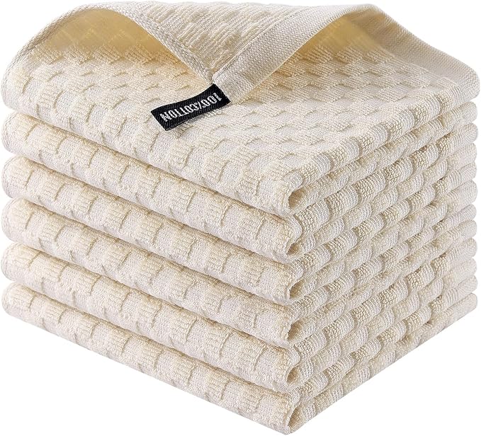 Homaxy 100% Cotton Terry Dish Cloths, 12"x12", 6-Pack, Beige | Ultra Soft Absorbent Dish Towels with Hanging Loop, Pineapple Grid Designed