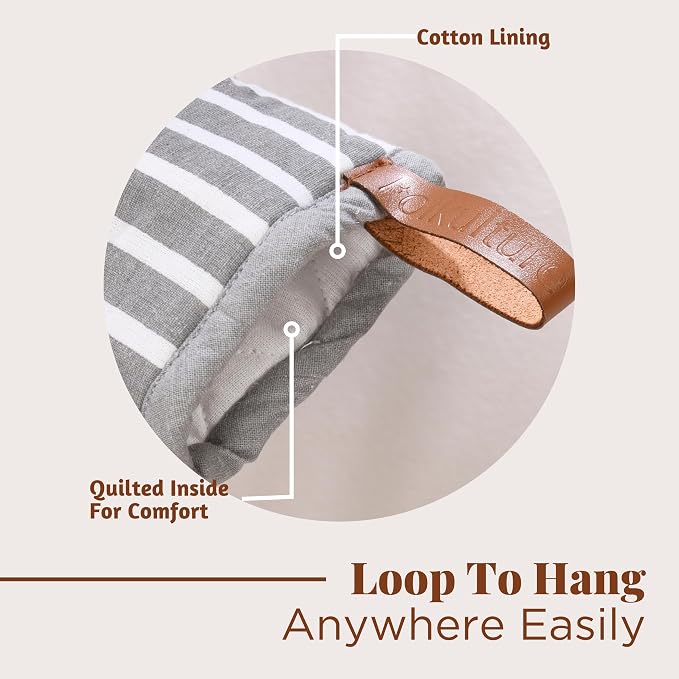 Folkulture Oven Mitts, Striped Gray, Set of 2, Heat Resistant - (5.75"x9") | 100% Cotton, Non Slip, Silicone, Cute Striped Mini Mits with Hanging Loop, Kitchen Décor, Cooking Gifts, New Home Essentials