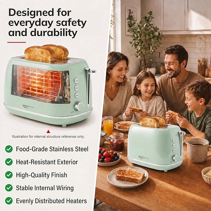 2 Slice Stainless Steel Toaster Retro with 6 Bread Shade Settings, Bagel, Cancel, Defrost Function, Extra Wide Slot, Removable Crumb Tray Green