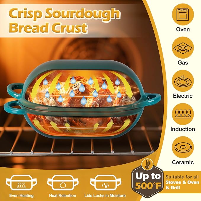 Homikit Enameled Cast Iron Dutch Oven for Bread Baking, 2.8 QT Oval Bread Oven Pot with Lid, 9.5 x 5.7 Inch Sourdough Loaf Baking Pan for Homemade Bread, Heavy Duty & Oven Safe, Dark Green