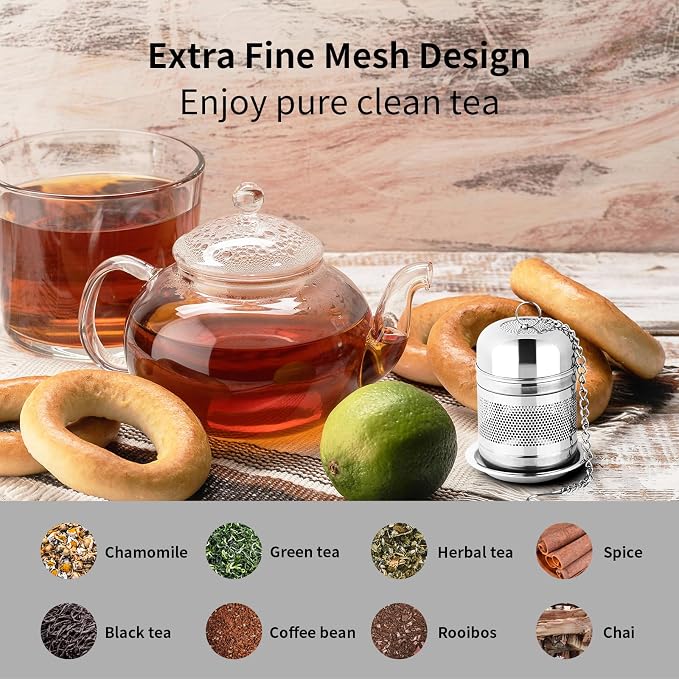 Fri4Free 2PCS Fine Mesh Stainless Steel Tea Infusers with Chain Hook & Lid | For Loose Leaf Tea Steeping, Reusable, Rust Resistant, Fits Most Mugs & Cups, Easy to Clean