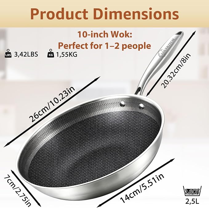 LOLYKITCH Hybird Nonstick Wok Pan with Lid | 10-Inch | Rivented Handle | Non Toxic | Tri-Ply Stainless Steel | Ceramic Coating | Stir Fry Pan | Induction Compatible | Dishwasher & Oven Safe