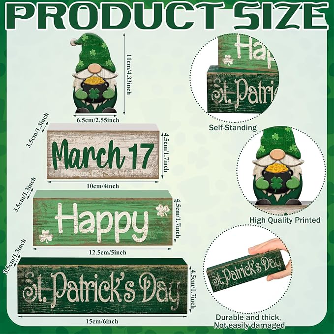Lineshading 4 Pcs St Patricks Day Tiered Tray Decor Wooden Gnome Blocks | Rustic Farmhouse Table Decor with March 17 Date Block, Stacked Signs, Shamrock Gnome Topper for Mantle or Shelf Displays