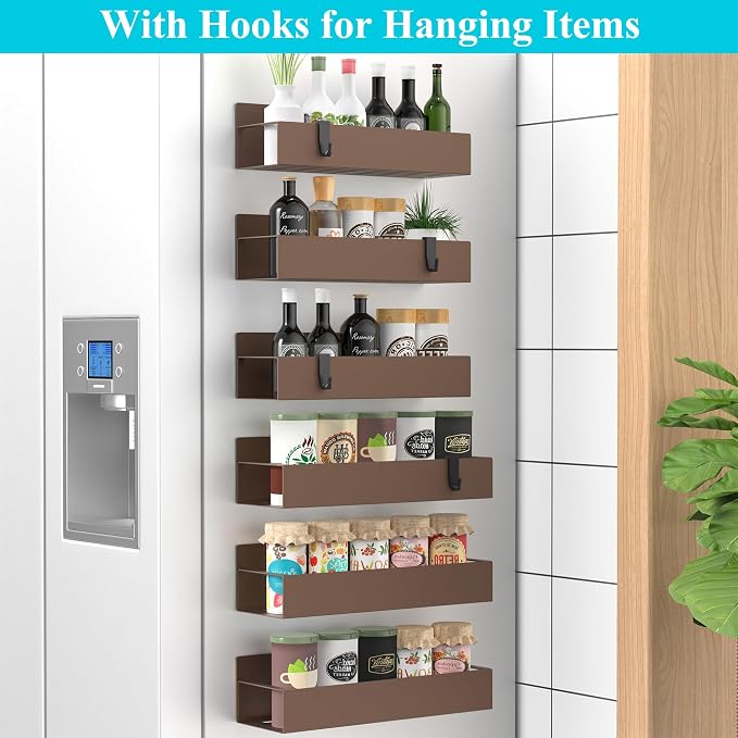 Metal Magnetic Spice Rack for Refrigerator Bronze, 6 Pack | Magnetic Shelves Heavy Duty for Fridge in Kitchen, Seasoning Storage Organizer, For Oven Washer and Dryer, For Heavier Items