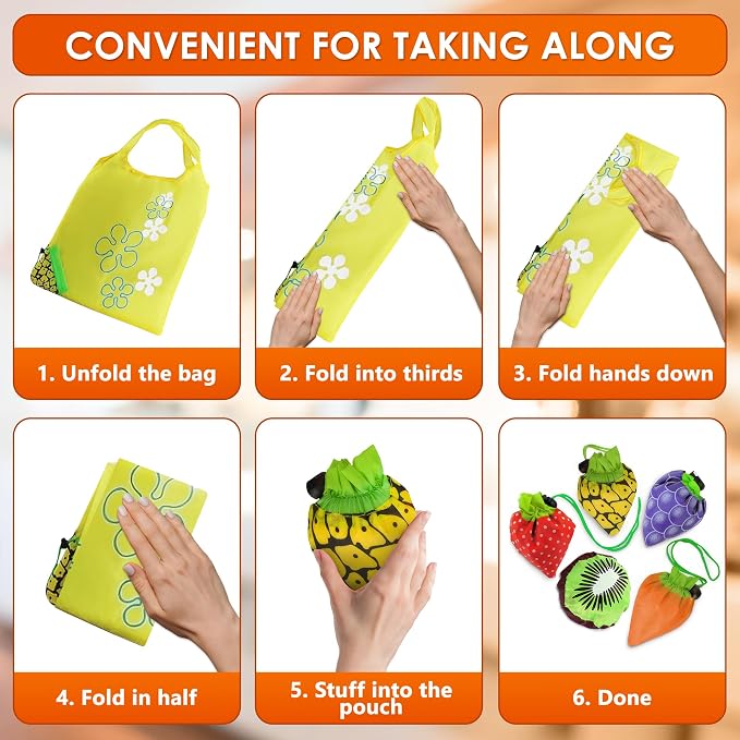 5 Pcs Reusable Grocery Fruit Bags, 15"x15", Washable Tote Bag (5 Colors) | Micro Tote Bag; Polyester Fabric; Wrist Strap, Fruit Shape Design; for Grocery Shopping, Beach Trips, Work, Picnics, and More