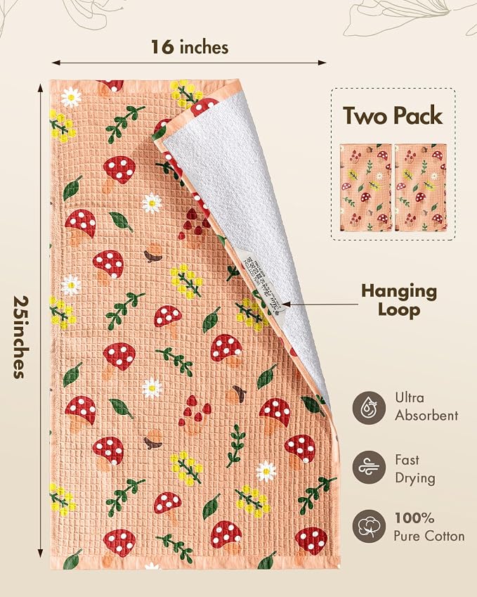 370GSM Cotton Waffle Kitchen Towels, Mushroom | Pure Cotton, Sustainable, Waffle Weave, Terry Cloth, Highly Absorbent, Decorative, 16"x25", with Hanging Loop