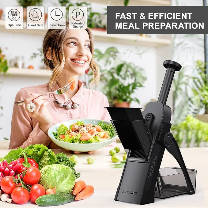 Safe Mandoline Slicer for Kitchen, Vegetable & Food Cutter (Only Slice) | Thickness Adjustable 0.1-8 mm, Potato Slicer for Chips, Easy to Clean, Storage, Kitchen Faster Slice, Dishwasher-safe (Black)