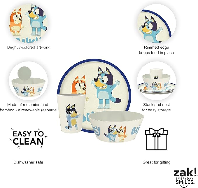 Zak Designs Bluey Kids Dinnerware Set 3 Pieces, Durable and Sustainable Melamine Bamboo Plate, Bowl, and Tumbler are Perfect For Dinner Time With Family (Bluey, Bingo, Bandit, Chilli)