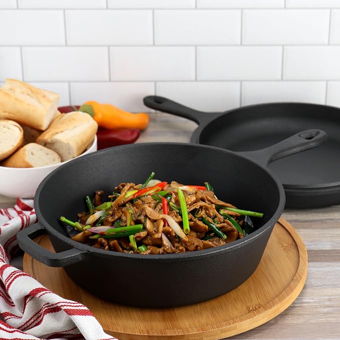 Megachef 10.5 Inch 2-in-1 Pre-Seasoned Cast Iron Skillet and Fry Pan Set