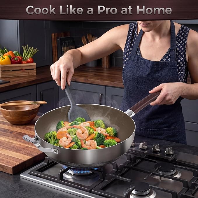 Titanium Wok Pan, 14 Inch Wok with Lid, Non Stick Stainless Steel Woks & Stir-fry pans, PFOA/PFAS/PTFE Free, Dishwasher Safe, Home Use For All Stoves,14Inch