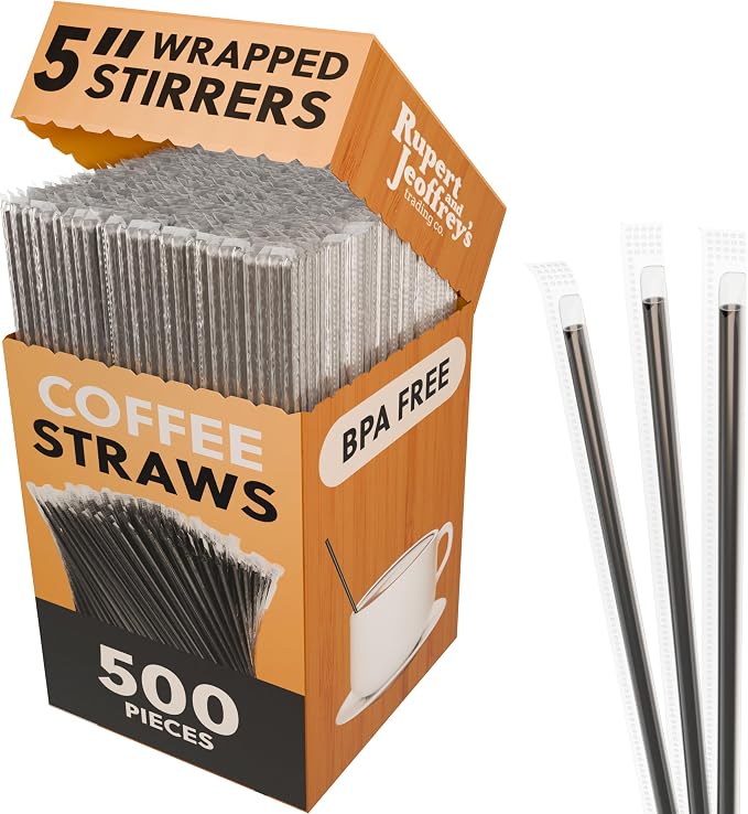 Individually Wrapped Coffee Stirrers, Black Plastic Sip Sticks, 500 Count | Individually wrapped coffee stirrers, black plastic, 500 count, single-serve coffee station use