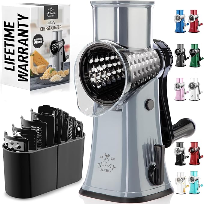 Zulay Kitchen Rotary Cheese Grater 5 Blade Cheese Shredder - Manual Hand Crank Cheese Grater With Reinforced Suction & 5 Interchangeable Drums - Easy to Use, Vegetable Chopper Round Mandoline Slicer