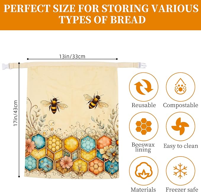 Beeswax Bread Bags for Homemade Sourdough 2 Pack Large Bees Wax Bread Bag | Reusable, Natural, Cotton, Bees Wax Lined Bread Bag,Food Storage Bags to Keep Fresh