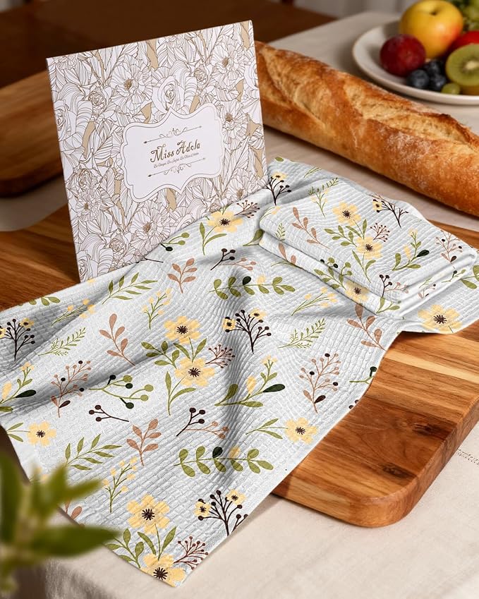 370GSM Cotton Waffle Kitchen Towels, Flower | Pure Cotton, Sustainable, Waffle Weave, Terry Cloth, Highly Absorbent, Decorative, 16"x25", with Hanging Loop