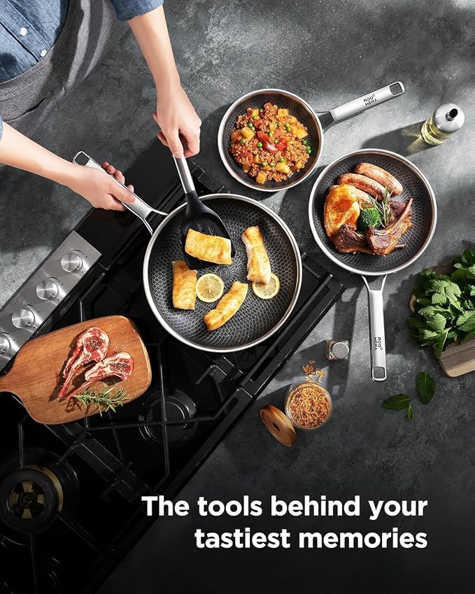 Roomena Non Stick Frying Pans Hybrid Ceramic With Lid, 12 Inch Tri-Ply Stainless Steel Skillet, Non-Toxic, PFAS/PFOA/PTFE Free, Metal Utensil Safe, Dishwasher & Oven Safe,Upgraded Design