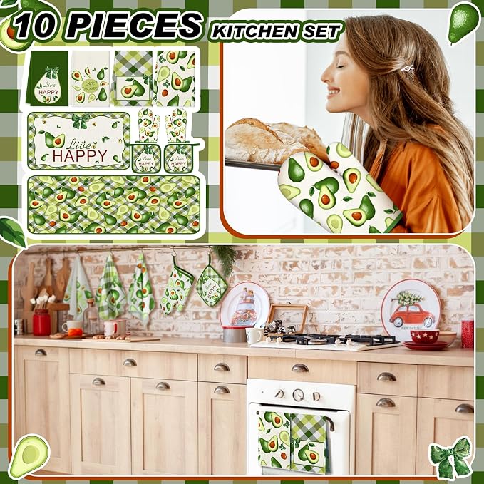 Fourluoo 10 Pcs Avocado Farmhouse Kitchen Decor Set Dish Towels Kitchen Rugs Oven Mitts and Pot Holders Set for Cooking Baking Grilling Women Mom Daughter Gift(Green)