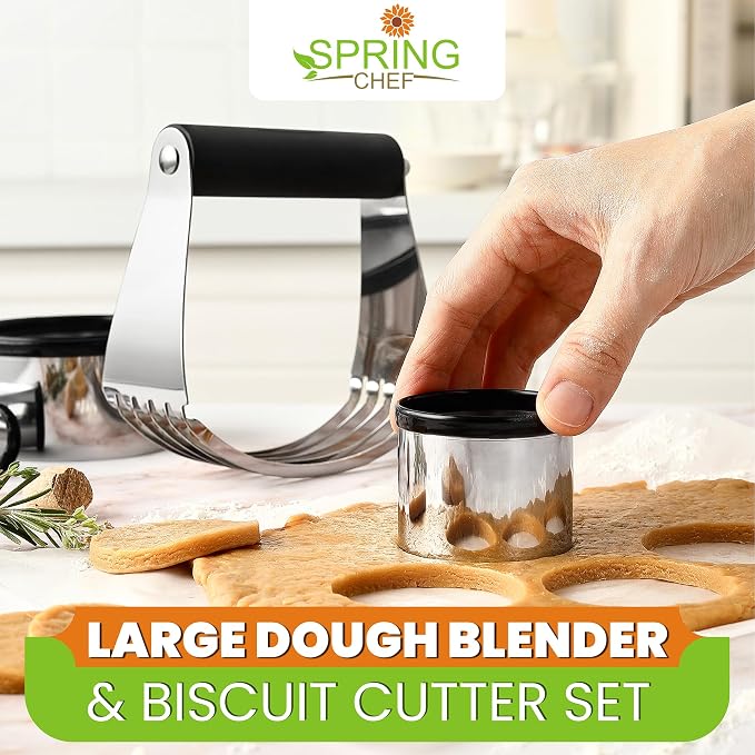 Spring Chef Stainless Steel Dough Blender & Biscuit Cutter Set for Baking | Heavy Duty Large Pastry Blender with Soft Grip Handle & Professional Cookie Cutter Set of 4, Dishwasher Safe, Black