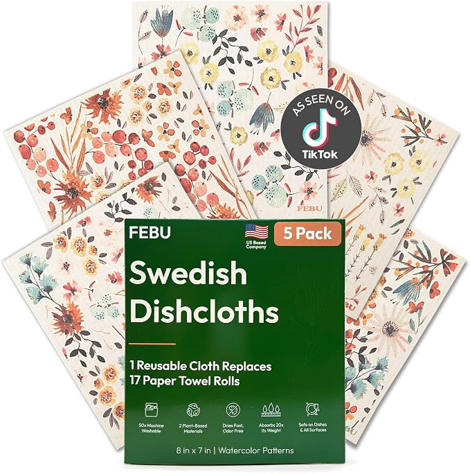 Swedish Dishcloths for Kitchen, 5 Pack, Watercolor Floral | Reusable Paper Towels Washable, Non-Scratch Cellulose Sponge Cloths, No Odor, Biodegradable