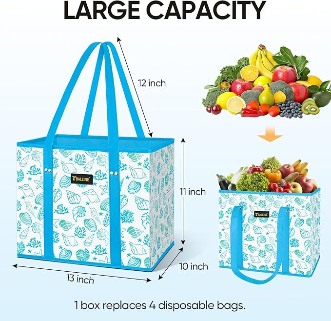 BALEINE 1PK Reusable Grocery Bags, Heavy Duty Shopping Tote Bag | 12'' Long Handles, Reinforced Bottom Keeps Upright, Fold Flat Storage, Water-Resistant Shopping Bag, Multiple Color Options