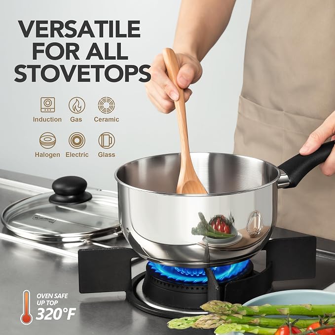 MICHELANGELO Stainless Steel Pots with Lids, Triply Base for Induction | Lightweight Cooking Pot Set, Sauce Pans with Cool-Touch Bakelite Handle, Induction Compatible Saucepan, 1 + 2 + 3QT