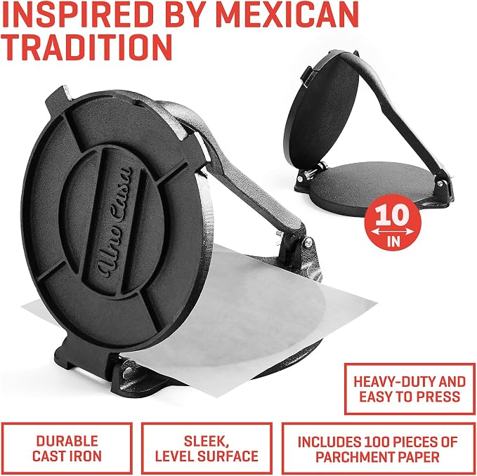 Uno Casa 10 Inch Cast Iron Tortilla Press & Comal Pan Bundle - Non-Stick, Heat-Resistant, Family Size, Gas Stovetop Compatible