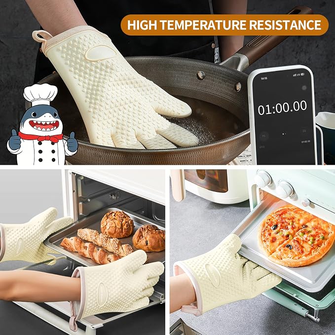 MAD SHARK Silicone Oven Mitts with Fingers Heat Resistant 450°F in Kitchen | Waterproof & Non-Slip Oven Gloves,Cotton Lined Silicone Kitchen Mitts for Baking Cooking Barbecue,Women (White)