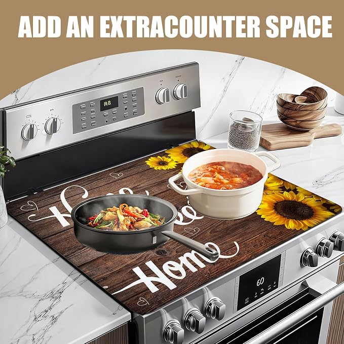 Home Sweet Home Stove Top Covers for Electric Stove, Wooden Grain Electric Gas Stove Pad Heat Resistant Range Cooktop Protector for Home Decor Kitchen 28"x20"