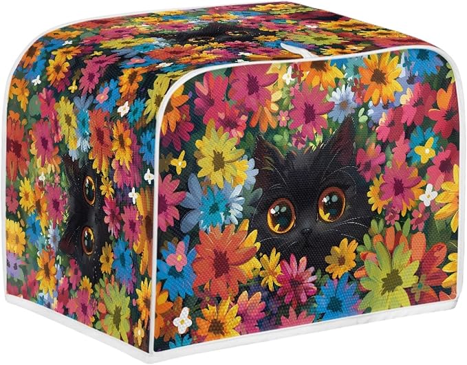Cat Floral Print Toaster Cover 4 Slice Long Slot, Non Slip Bread Toaster Covers Dust Protection Small Appliance Covers