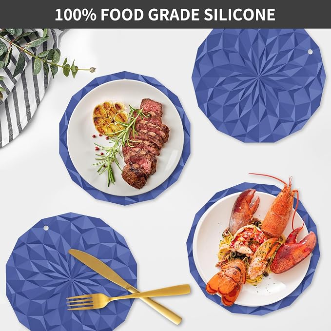 ME.FAN Silicone Trivet Mats - 4 Pack Pot Holders - 7.4'' Thickened Hot Pads for Hot pots, Pans and Dishes, Heat Resistant Silicone Trivet for Table and Counter Top Navy Blue