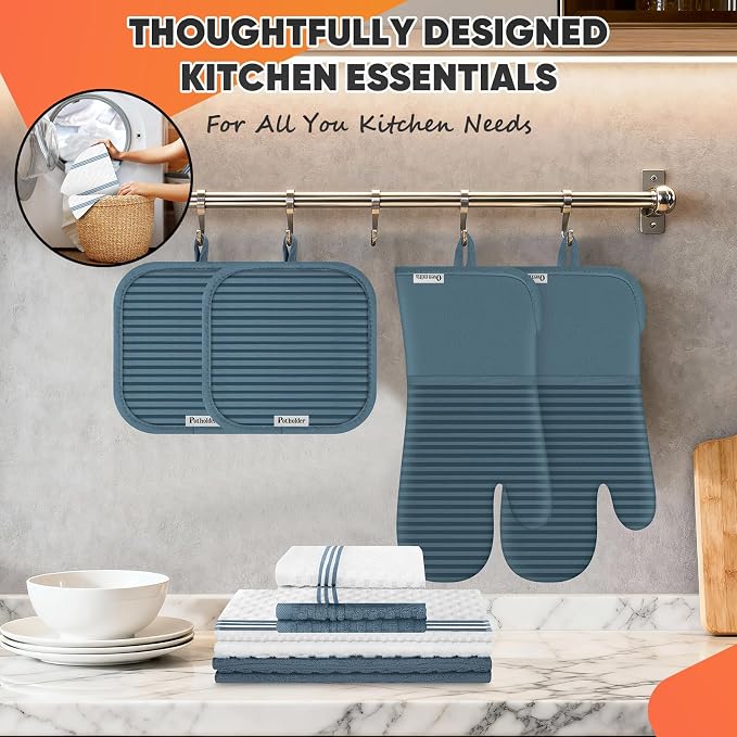Oven Mitts Kitchen Towels and Dishcloths with Pot Holders Sets, Oven Gloves Hot Pads 500°F Heat Resistant with Silicone Grip, Include 2 Cooking Gloves/2 Potholders/4 Kitchen Towels/4 Dish Towels