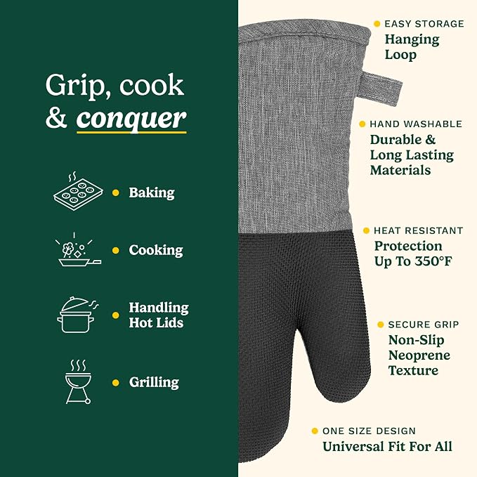 Cuisinart Chambray Kitchen Oven Mitts, Heat-Resistant, 2-Pack, 7"x13" | Non-slip neoprene palm grips up to 350°F, long cuff shields forearms, hang loop for storage, handles cast iron and grilling