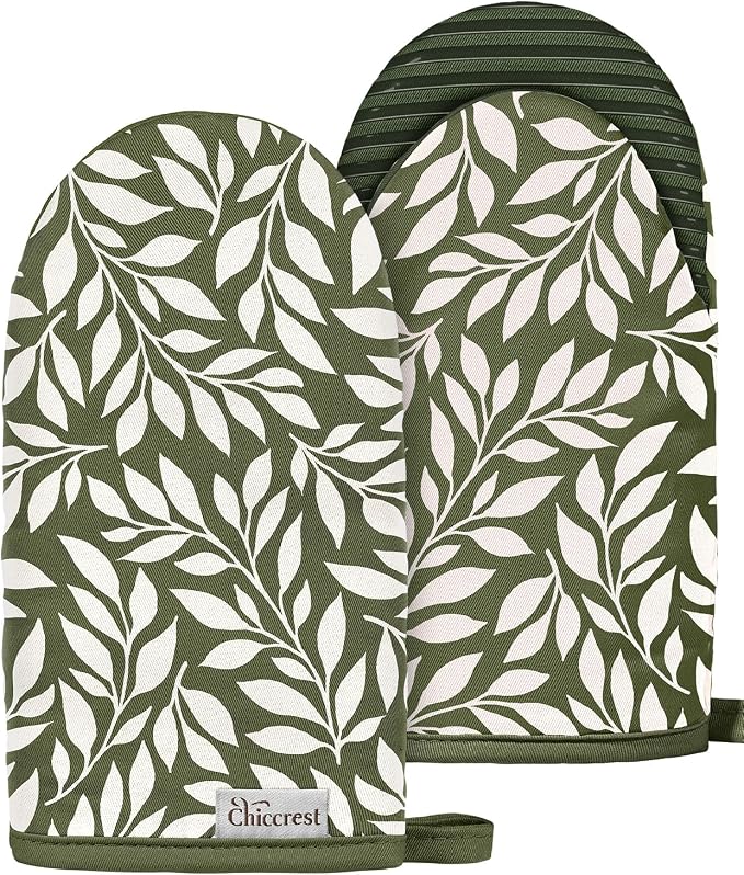 100% Thick Cotton Mini Oven Mitts Silicone Grip Green Leaf | Elegant Classic Oven Mitts for Women, Machine Washable, Non-Slip, Reversible Design Fits Both Hands, Stylish Kitchen Decor