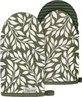 100% Thick Cotton Mini Oven Mitts Silicone Grip Green Leaf | Elegant Classic Oven Mitts for Women, Machine Washable, Non-Slip, Reversible Design Fits Both Hands, Stylish Kitchen Decor
