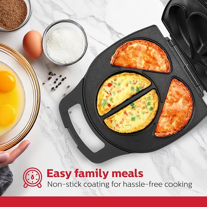 Holstein Housewares Stainless Steel 4 Section Omelet Maker, Non Stick Coating, Mess Free Cooking, Easy Cleaning, Indicator Lights, Upright Storage & Anti Slip Feet For Quick Meals. 4 Portions, Black